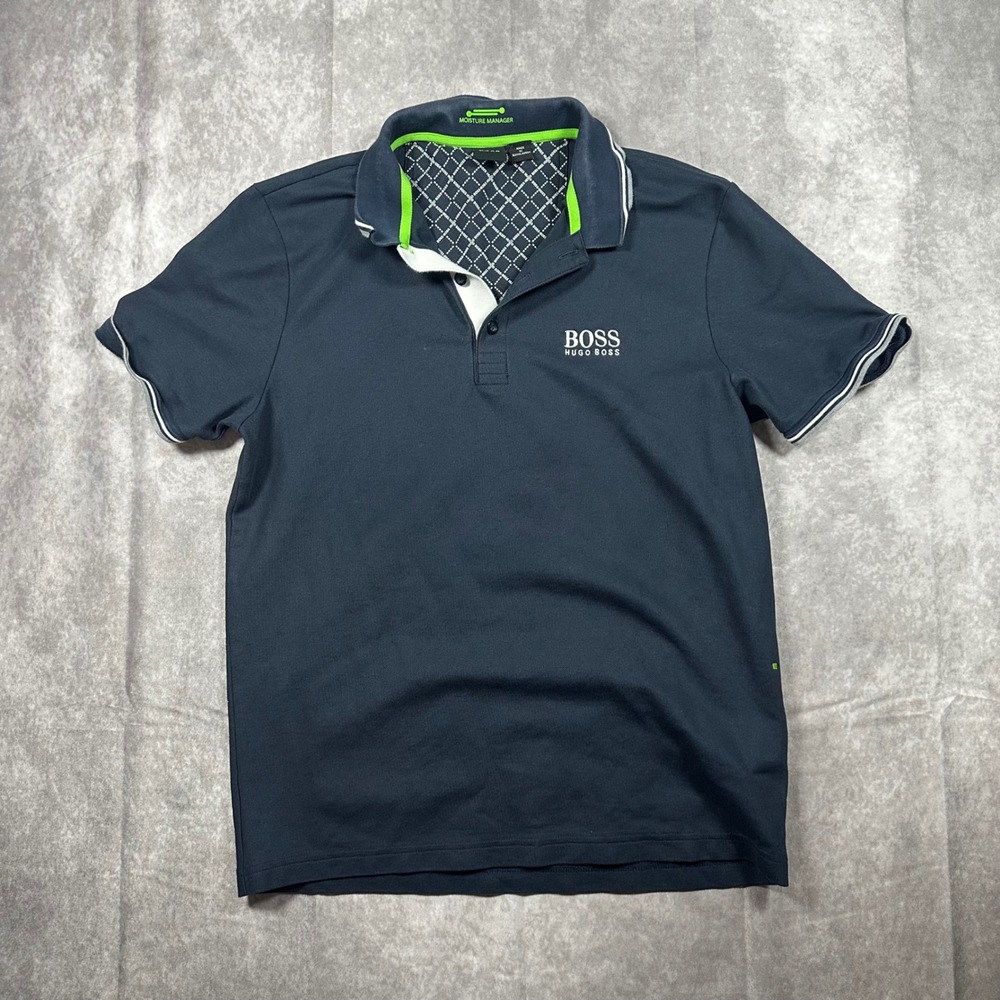Hugo Boss Green Label Polo Shirt Men Large Navy Moisture Manager Golf Sportswear